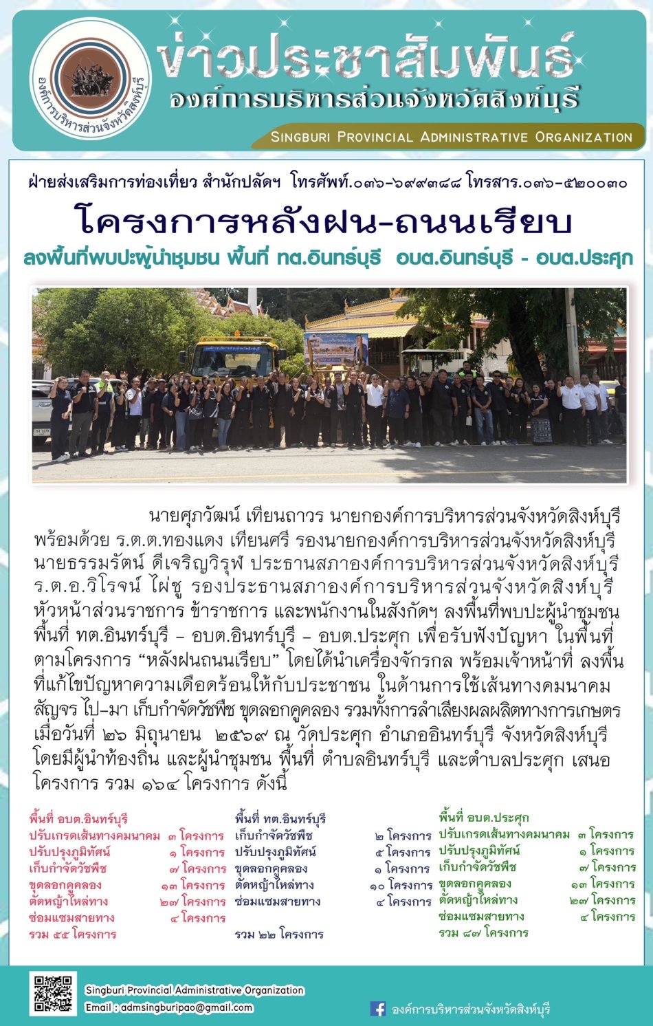 โครงการหลังฝน-ถนนเรียบ ลงพื้นที่พบปะผู้นำชุมชน พื้นที่ทต. อินทร์บุรี อบต. อินทร์บุรี-อบต. ประศุก