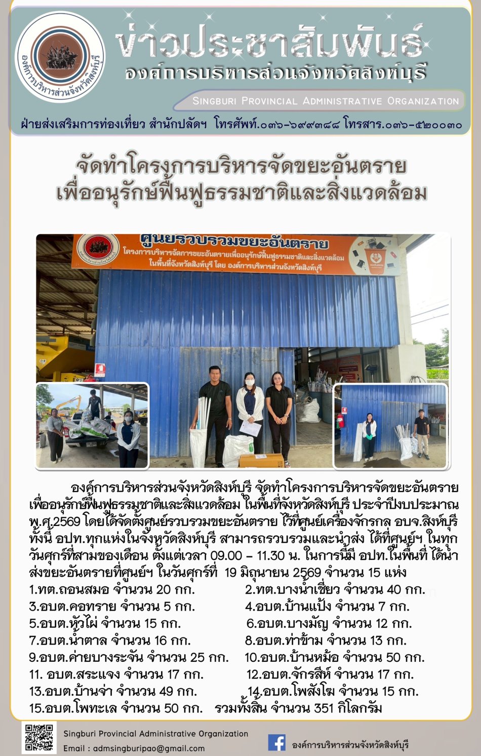 อบจ.สิงห์บุรี จัดทำโครงการบริหารจัดขยะอันตรายเพื่ออนุรักษ์ฟื้นฟูธรรมชาติและสิ่งแวดล้อม