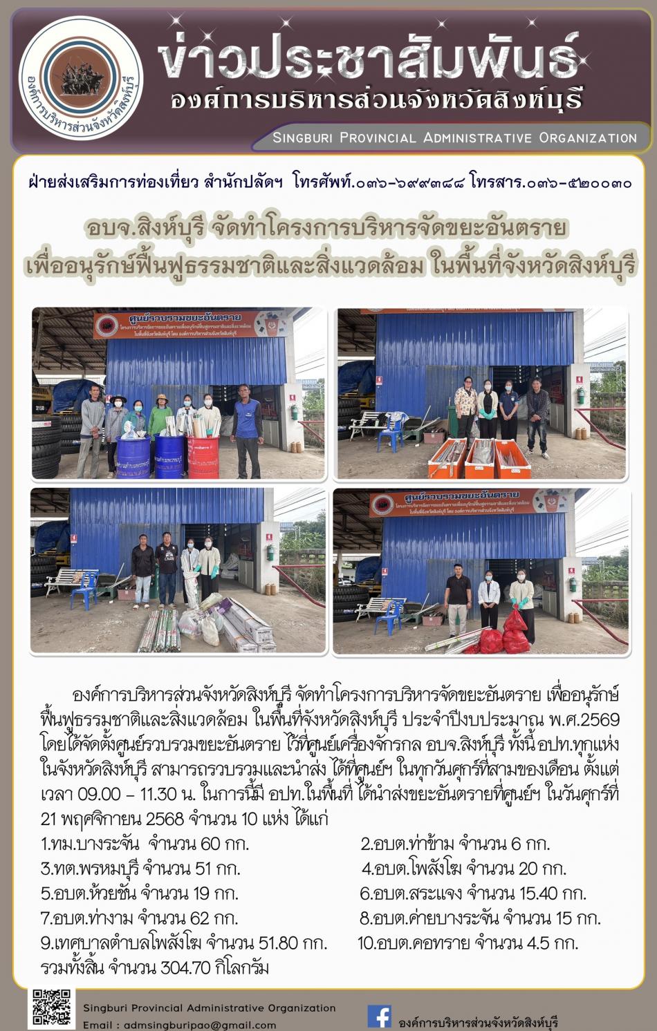 อบจ. สิงห์บุรี จัดทำโครงการ บริหารจัดการขยะอันตราย อนุรักษ์ฟื้นฟูธรรมชาติและสิ่งแวดล้อม ในพื้นที่จังหวัดสิงห์บุรี